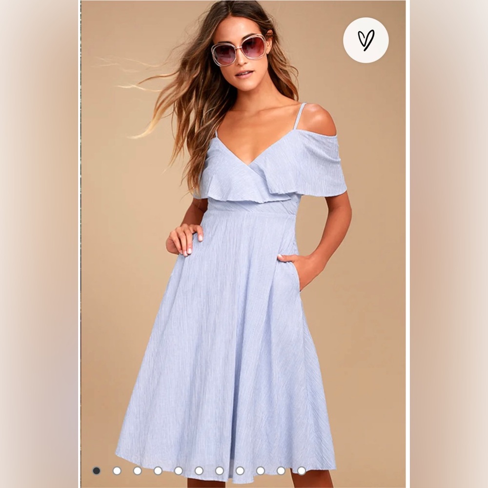 Yacht Rock Blue and White Striped Off-the-Shoulder Midi Dress